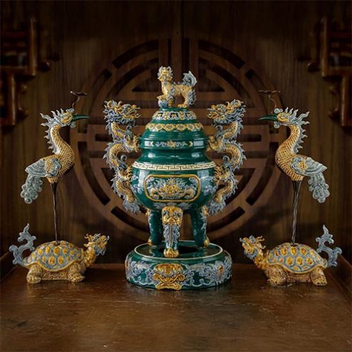 Bộ Đỉnh Hạc Bát Tràng Men Màu Xanh Đắp Nổi DT899