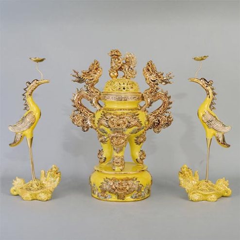 Bộ Đỉnh Hạc Cao Cấp Men Màu Vàng Đắp Nổi Vẽ Vàng DT907