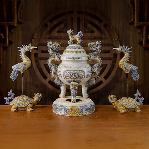 Bộ Đỉnh Hạc Gốm Bát Tràng Men Rạn Đắp Nổi DT896