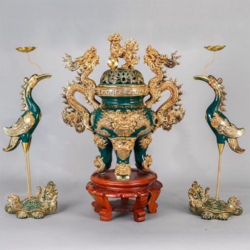 Bộ Đỉnh Hạc Gốm Sứ Bát Tràng Men Màu Xanh Đắp Nổi Vẽ Vàng DT908