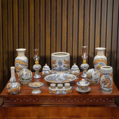 Bộ Đồ Thờ Bàn Treo Men Rạn Đắp Nổi Bát Tràng BDT131