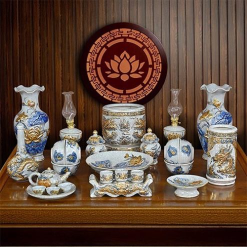 Bộ Đồ Thờ Bàn Treo Tường Bát Tràng Đắp Nổi Vẽ Vàng Cao Cấp BDT150