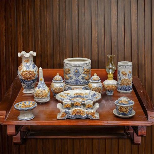 Bộ Đồ Thờ Bát Tràng Bát Hương Rồng Đồ Thờ Hoa Sen BDT130