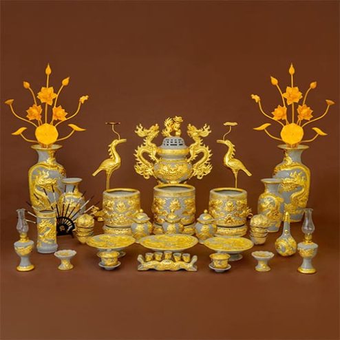 Bộ Đồ Thờ Dát Vàng Cao Cấp Bát Tràng Men Rạn Đắp Nổi BDT139