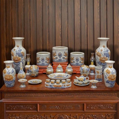 Bộ Đồ Thờ Gia Tiên Bát Hương Rồng Đồ Thờ Hoa Sen Bát Tràng BDT136