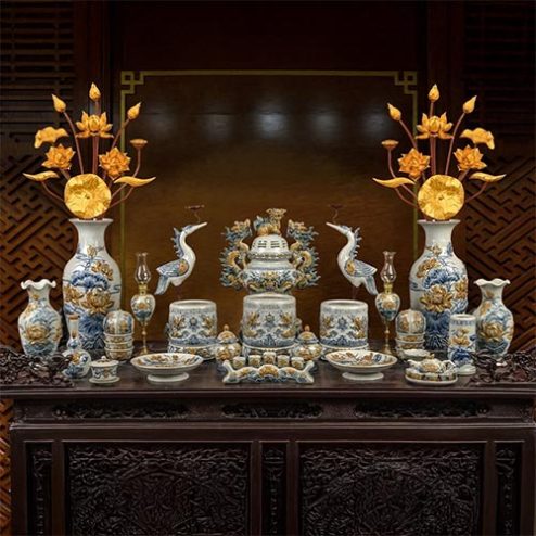 Bộ Đồ Thờ Men Rạn Đắp Nổi Bát Tràng BDT107