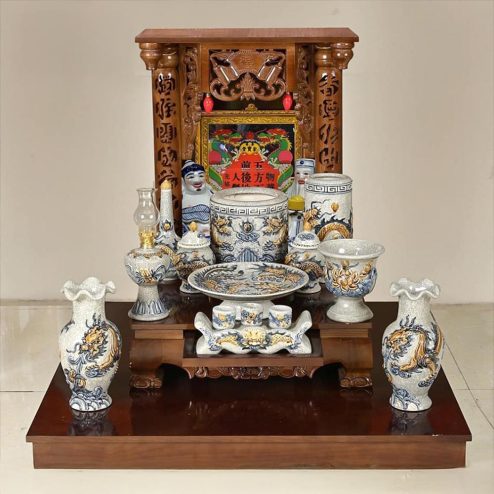 Bộ Đồ Thờ Thần Tài Men Rạn Rồng Đắp Nổi Bát Tràng BDT112