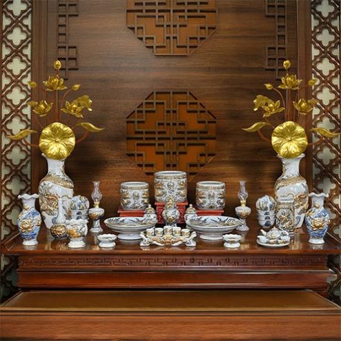 Bộ Đồ Thờ Vẽ Vàng Cao Cấp Đắp Nổi Bát Tràng BDT149