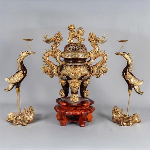 Bộ Tam Sự Đỉnh Hạc Màu Nâu Đắp Nổi Vẽ Vàng Cao Cấp DT910