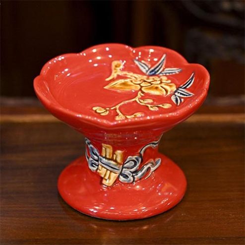 Chân Nến Bát Tràng Men Màu Đỏ Đắp Nổi DT863