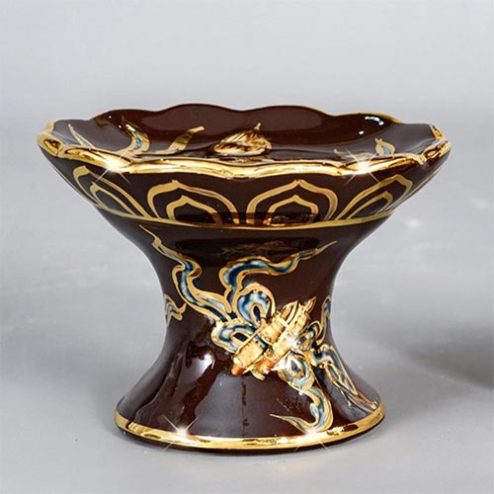 Chân Nến Cao Cấp Men Màu Nâu Đắp Nổi vẽ Vàng Bát Tràng DT913