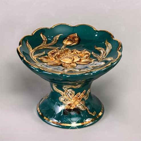 Chân Nến Vẽ Vàng Cao Cấp Men Màu Xanh Đắp Nổi DT892