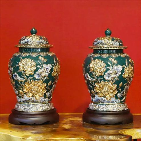 Choé Thờ Phong Thuỷ Men Xanh Đắp Nổi Hoa Sen Vẽ Vàng DT981