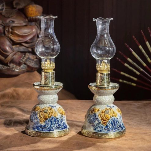 Đèn Dầu Thờ Bát Men Rạn Đắp Nổi Bọc Đồng Cao Cấp DT985