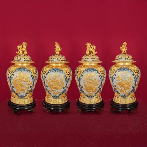 Đôi Choé Thờ Cao Cấp Tứ Linh Men Rạn Đắp Nổi Dát Vàng DT970