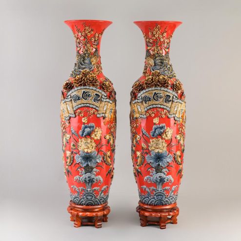 Đôi Lộc Bình Bát Tràng Phúc Lộc Thọ Kênh Men Màu Đỏ Đắp Nổi DT923