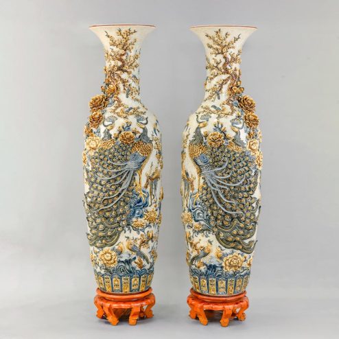 Lọ Lộc Bình Bát Tràng Công Đào Kênh Men Rạn Đắp Nổi DT919