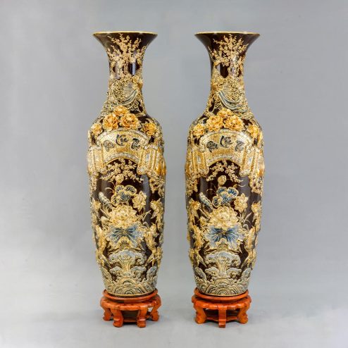 Lọ Lộc Bình Cao Cấp Vẽ Vàng Phúc Lộc Thọ Đắp Nổi Men Nâu Bát Tràng DT963