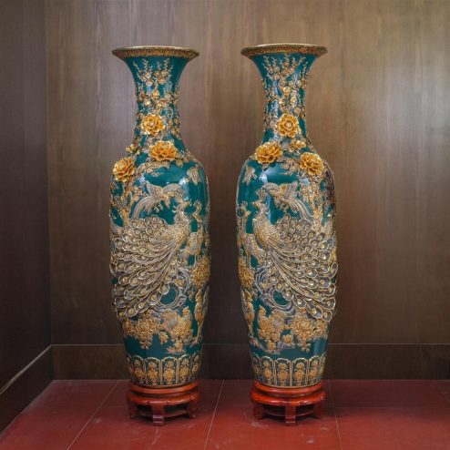 Lọ Lộc Bình Công Đào Kênh Bát Tràng Men Màu Xanh Đắp Nổi Vẽ Vàng DT943