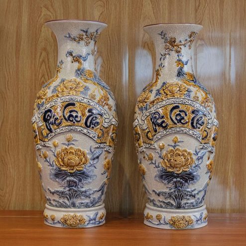 Lọ Lộc Bình Phúc Lộc Thọ Men Rạn Đắp Nổi Bát Tràng DT954