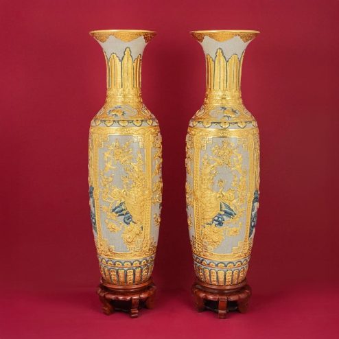 Lọ Lộc Bình Tứ Cảnh Dát Vàng Men Rạn Đắp Nổi Bát Tràng DT931