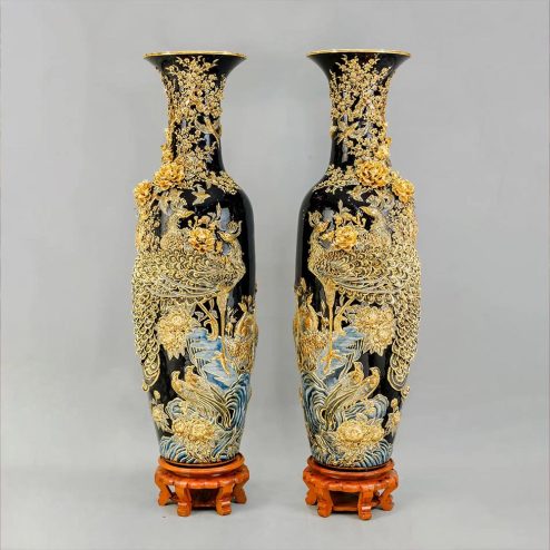 Lọ Lộc Bình Xanh Coban Đắp Nổi Công Đào Vẽ Vàng Cao Cấp DT962