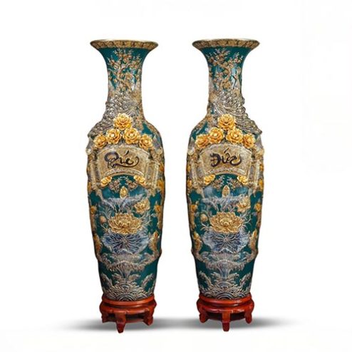 Lọ Lộc Bình Xanh Lục Bảo Phúc Đức Đắp Nổi Vẽ Vàng Cao Cấp DT944