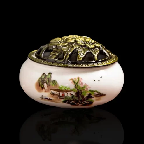 Lư Xông Trầm Gốm Vân Rạn Trắng Phong Cảnh PK9520 An Phát