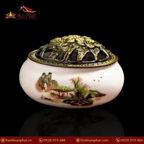 Lư Xông Trầm Gốm Vân Rạn Trắng Phong Cảnh PK9520 An Phát