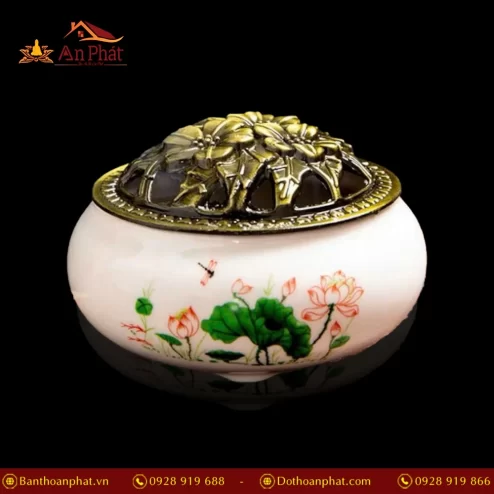 Lư Xông Trầm Hương Gốm Vân Rạn Trắng Sen PK9513 An Phát