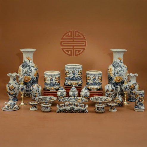 Bộ Đồ Thờ Cao Cấp Bát Tràng Cho Bàn Thờ Gia Tiên Men Rạn BDT174