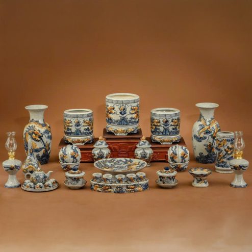 Bộ Đồ Thờ Gia Tiên 3 Bát Hương Gốm Sứ Bát Tràng Men Rạn BDT173