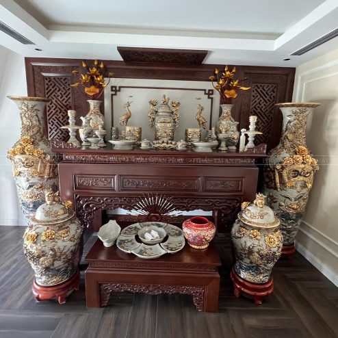 Bộ Đồ Thờ Gốm Sứ Bát Tràng Vẽ Vàng Cao Cấp Men Rạn Đắp Nổi NDT178