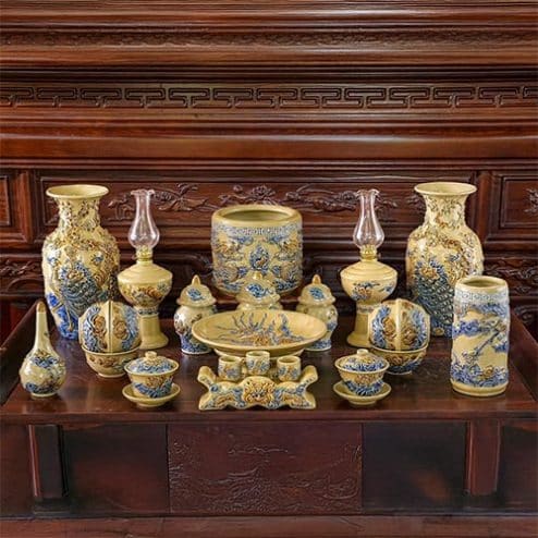 Bộ Đồ Thờ Hoàng Thổ Đắp Nổi Gốm Sứ Bát Tràng BDT184