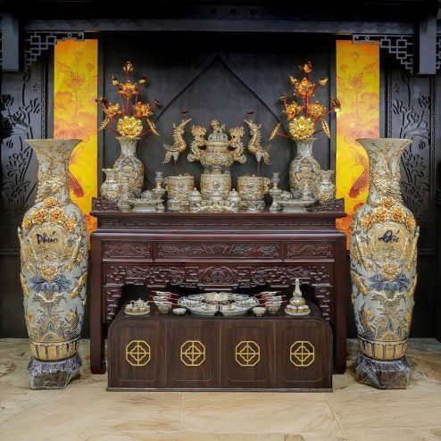 ComBo Đồ Thờ Cao Cấp Vẽ Vàng Bát Tràng Đắp Nổi Men Rạn BDT155