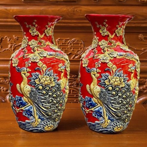 Lộc Bình Công Đào Đắp Nổi Men Màu Đỏ Bát Tràng DT991