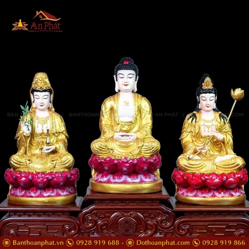 Bộ Tượng Tây Phương Tam Thánh Ngồi Composite Nhũ Vàng T2330