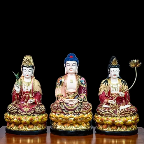 Bộ Tượng Tây Phương Tam Thánh Ngồi Composite Vẽ Màu Dát Vàng T2343