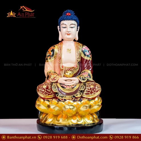 Tượng A Di Đà Ngồi Composite Vẽ Màu Dát Vàng T2306