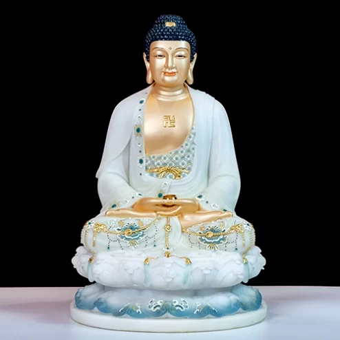 Tượng Bổn Sư Thích Ca Mâu Ni Tọa Đài Sen Đá Hiệu Ứng Đồng Xanh trắng T2379