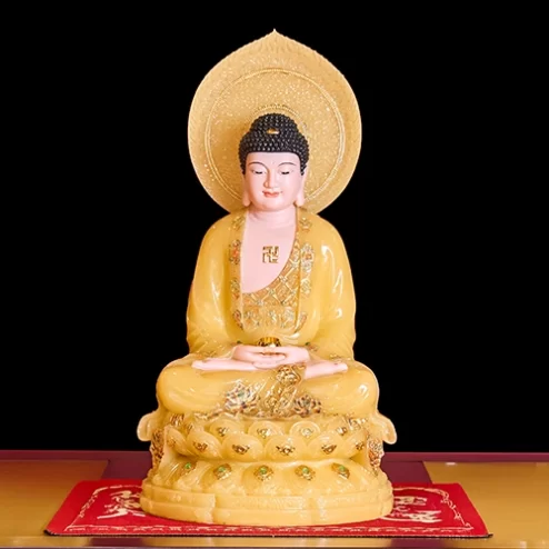 Tượng Bổn Sư Thích Ca Mâu Ni Tọa Đài Sen Vàng Thạch Anh Có Lá Đề T2325