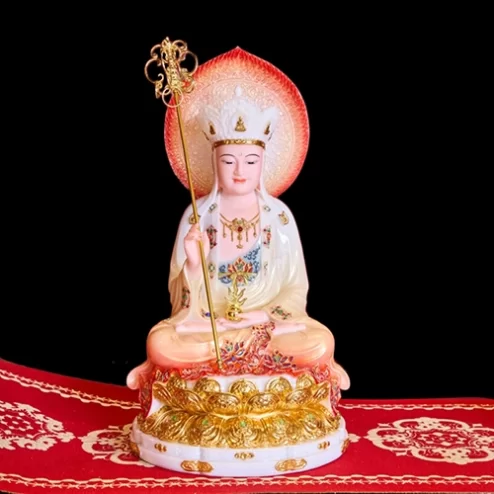 Tượng Địa Tạng Tọa Đài Sen Cam Loang Dát Vàng T2328