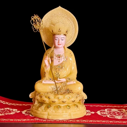 Tượng Địa Tạng Tọa Đài Sen Vàng Thạch Anh Có Lá Đề T2323