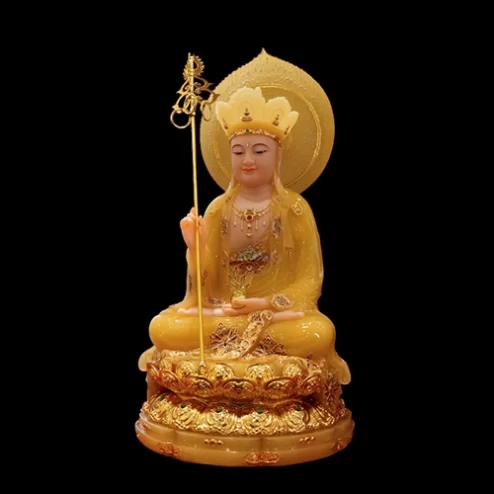 Tượng Địa Tạng Vương Tọa Đài Sen Dát Vàng Ngọc Thạch Có Lá Đề T2380