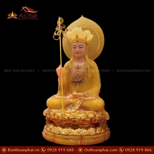 Tượng Địa Tạng Vương Tọa Đài Sen Dát Vàng Ngọc Thạch Có Lá Đề T2380