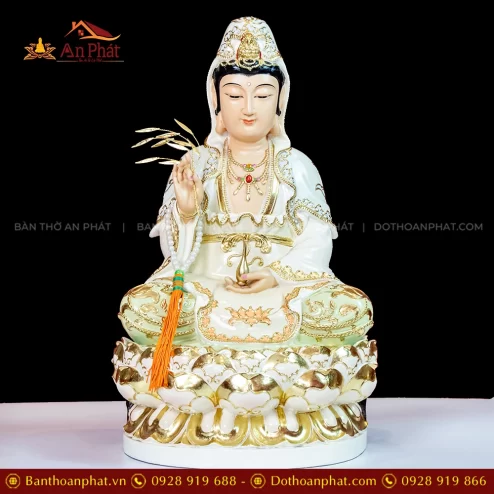 Tượng Quan Âm Ngồi Composite Sơn Trắng T2303