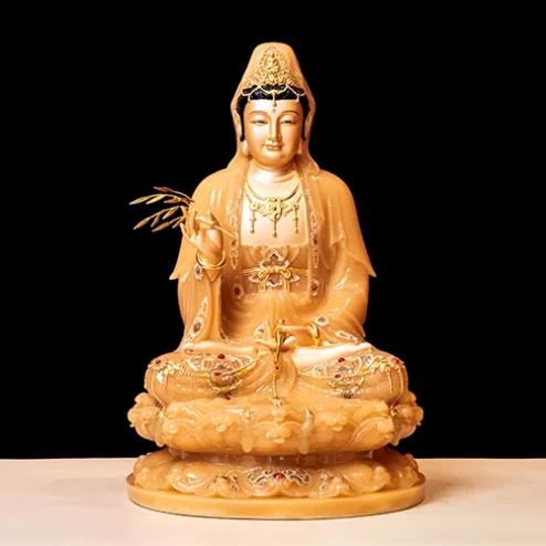 Tượng Quan Âm Tọa Đài Sen Đá Hiệu Ứng Đồng Màu Vàng T2346