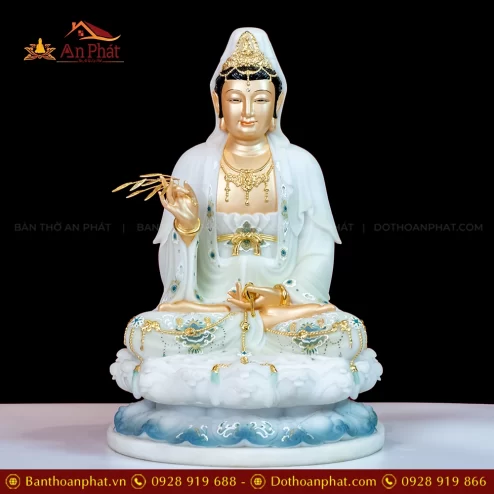 Tượng Quan Âm Tọa Đài Sen Hiệu Ứng Đồng Xanh trắng T2349