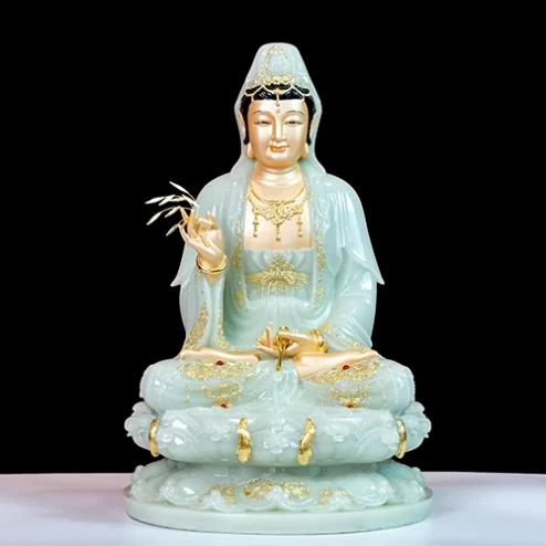 Tượng Quan Âm Tọa Đài Sen Hiệu ứng Đồng Xanh lá T2377