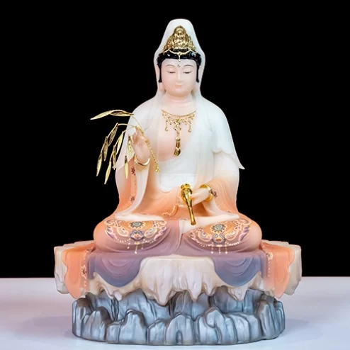 Tượng Quan Âm Tọa Sơn Đá Thạch Anh Màu Hồng Xám T2345